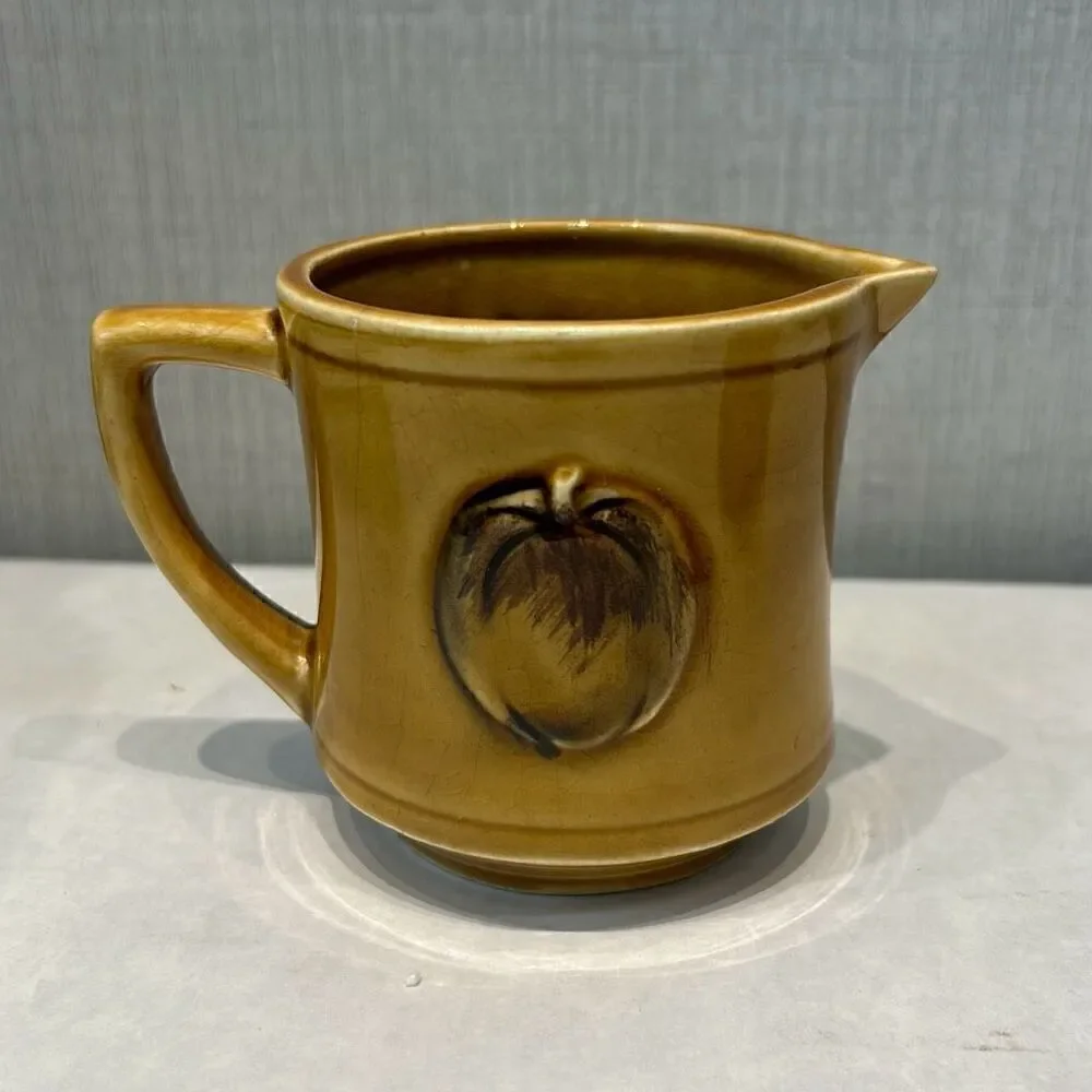 VTG Ceramic Measuring Cups 1/2 & 1 Cup Stamped JAPAN Brown Tan Fruit Apples Pear